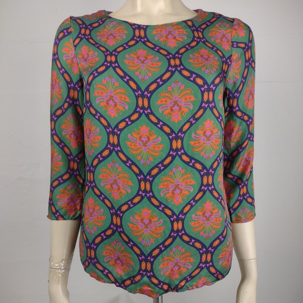 Boden green multicolor print round neck 3/4 sleeve top blouse ladies size 6 - Picture 1 of 9